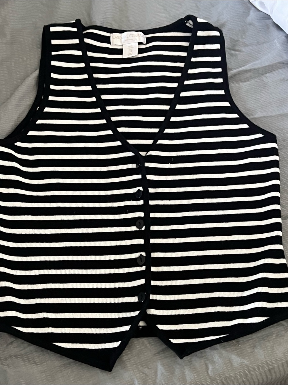 Carole Little Black and White Striped V-Neck Button Tank